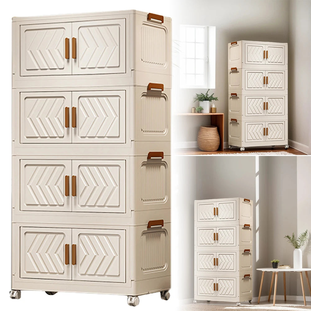 4 Tier Stackable Box Organizers Foldable Organization with Doors and Wheels Folding Storage Cabinet Shelf for Home Office Dorm
