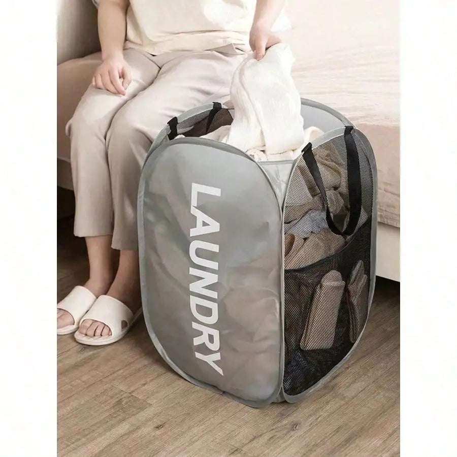 Foldable Mesh Laundry Hamper with Handles. Pop-Up Dirty Clothes Storage Basket