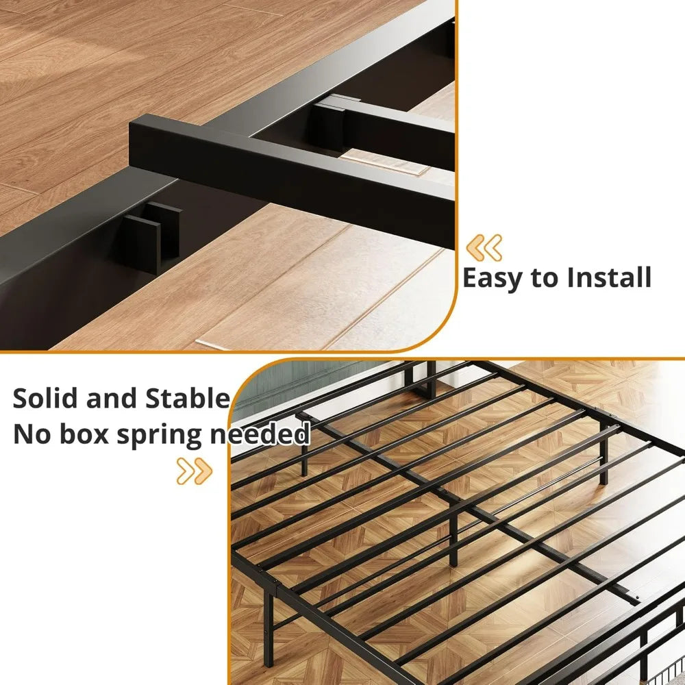 "california king platform bed frame with storage headboard and charging station, drawers included, no box spring required"