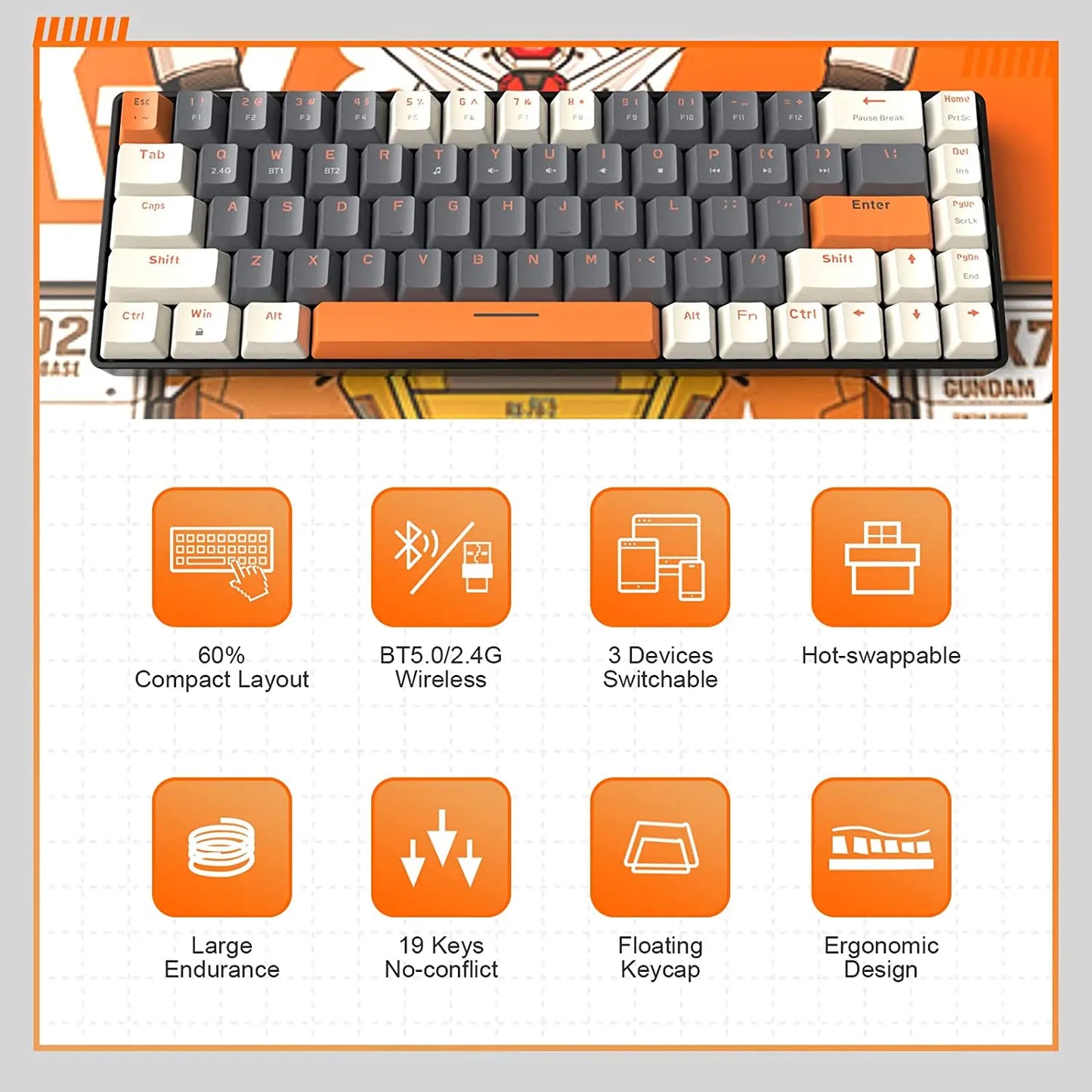 RK68 Wireless Mechanical Gaming Keyboard .Bluetooth 5.0 & Dual Mode Connectivity    Description: