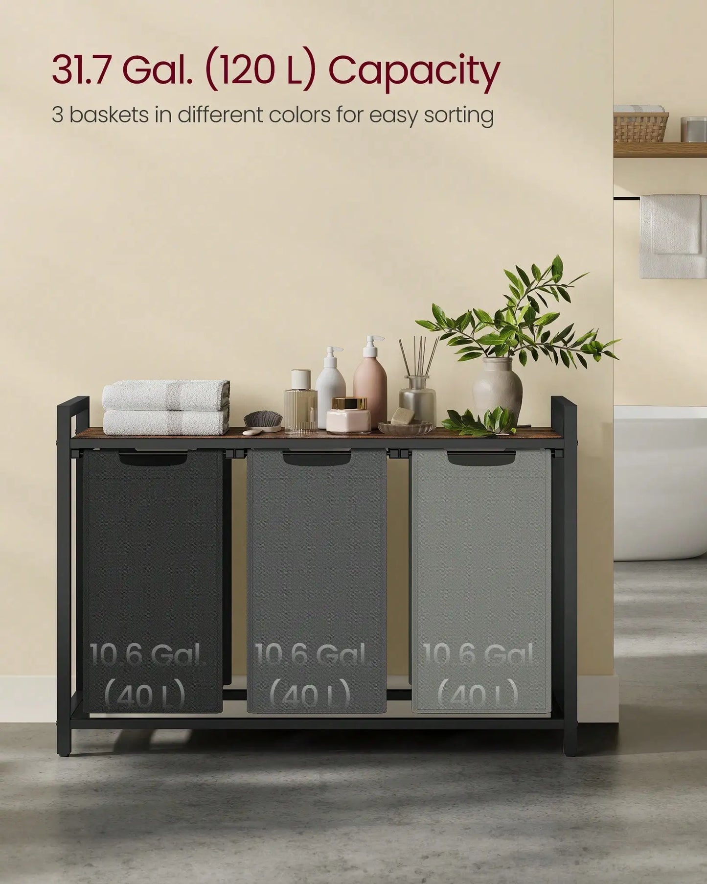3-Bag Laundry Sorter with Rustic Wood Top. Large Laundry Hamper