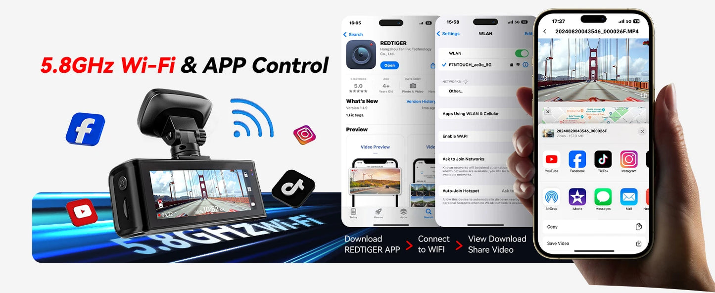 REDTIGER F7N ELITE STARVIS 2 Sensor 4K HDR Dash Cam Front and Rear 5.8GHz WiFi APP car camera WDR car dvr for 24H Parking Mode(