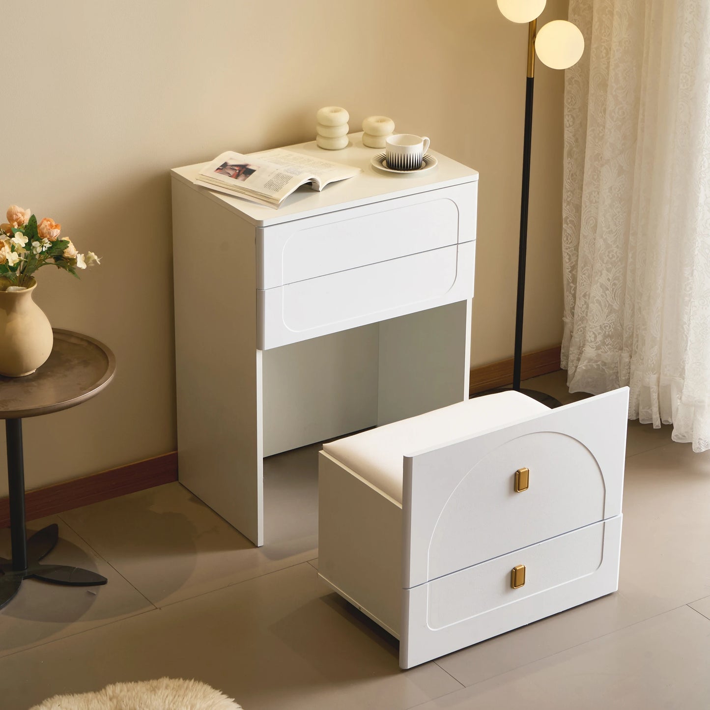 3-in-1 Dresser with Flip-Up Mirror and Light, Small Dresser Set with Visible Glass Tabletop, 3 Drawers, Storage Bench, 3-Color I