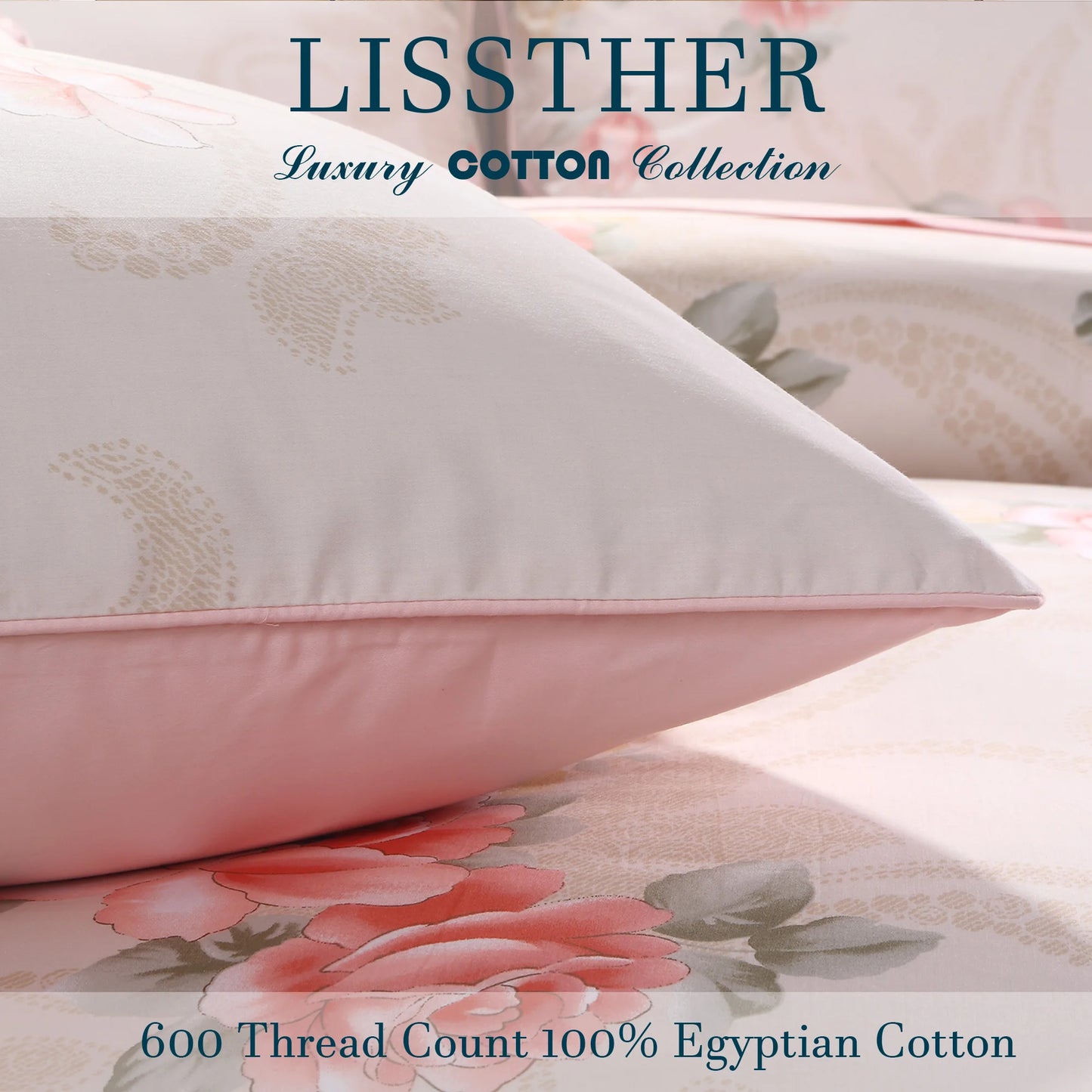 3pcs 600TC 100% Egyptian Cotton Duvet Cover Set, Pink Blooming Rose Pattern, Soft Skin-Friendly (No Inserts)