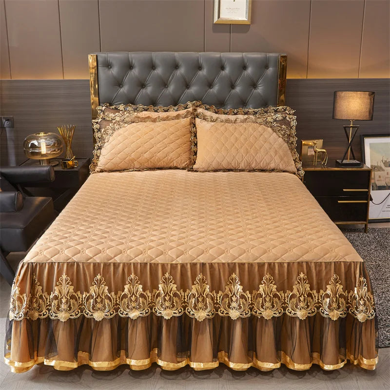 AIWINSURE-European Lace Velvet Bedspread Set, King Size, Queen Thickened Bed Cover, Soft Bed Skirt, Luxury, with 2 Pillowcases