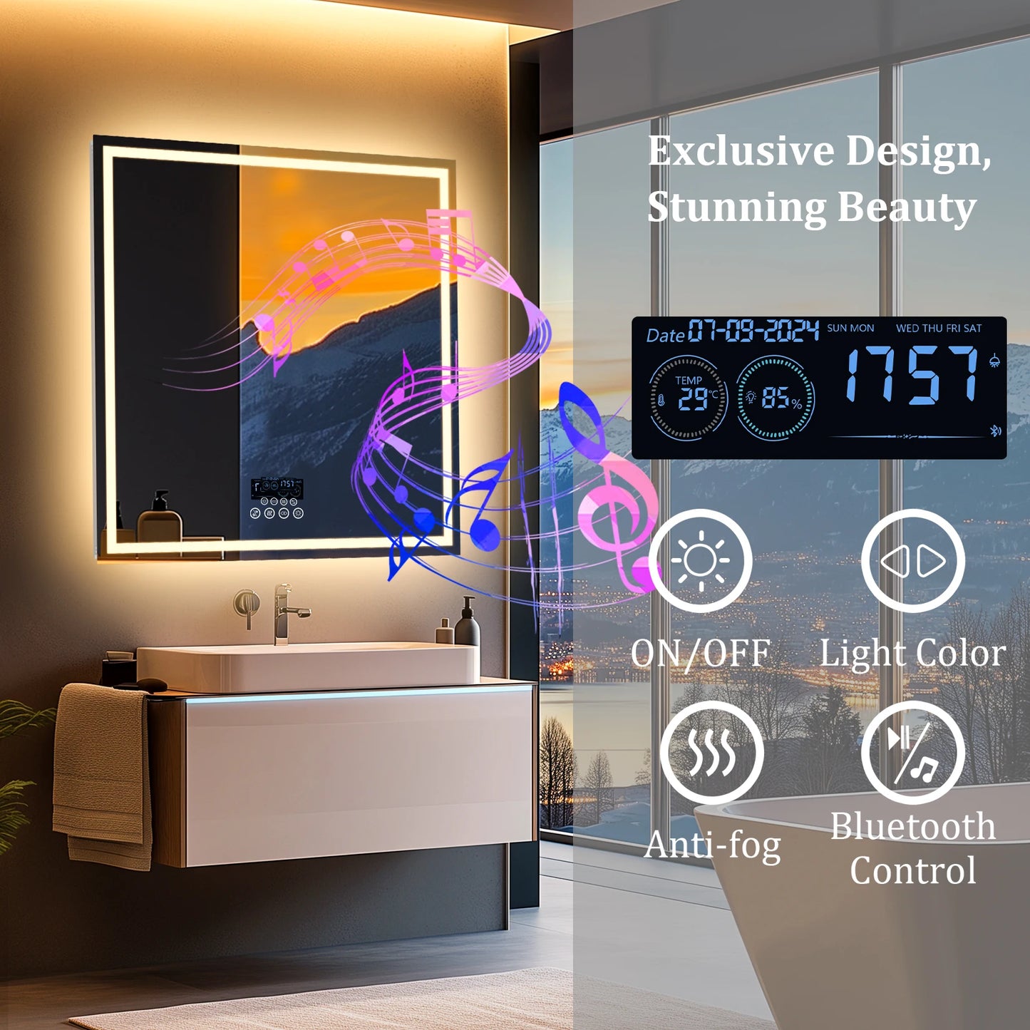 LED Bathroom Mirror 800mm Square Wall Bluetooth Clock