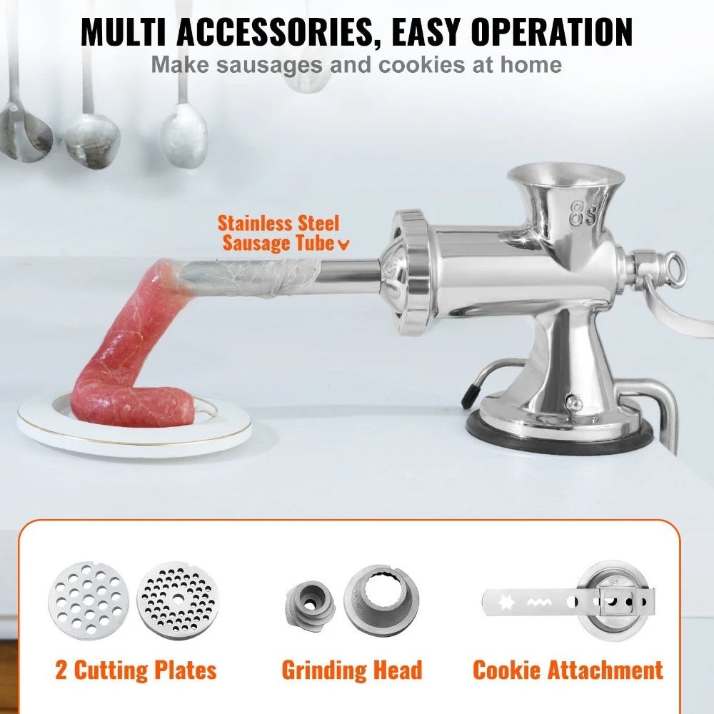 Manual Meat Grinder, 304 Stainless Steel Hand Meat Grinder with Suction Cup + Steel Table Clamp, Meat Mincer Sausage Maker