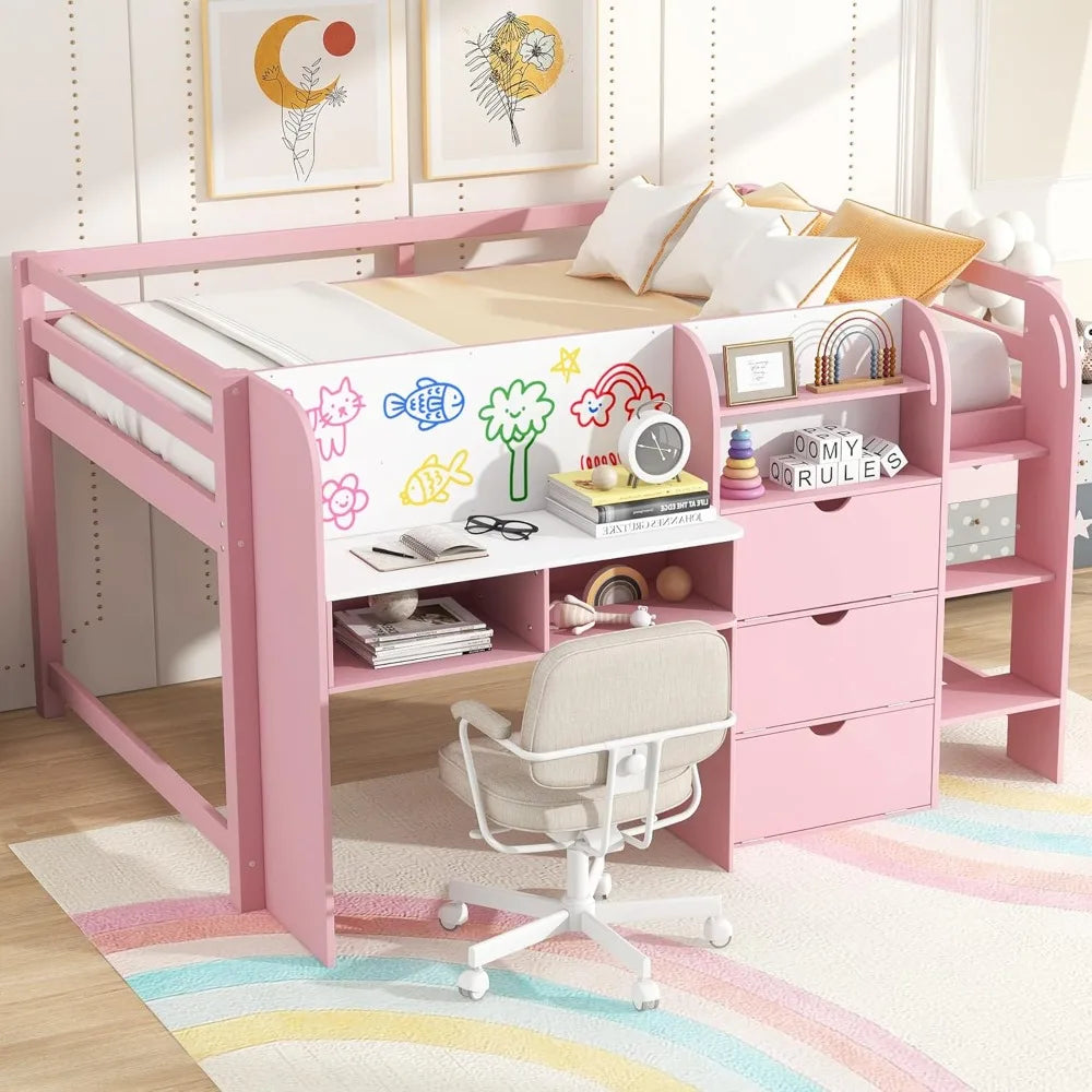 Full Size Low Loft Bed,Kids Loft Bed with Storage Cabinets and Open Bookcase,No Box Spring Need, Solid Wood Low Loft Bed Frame .