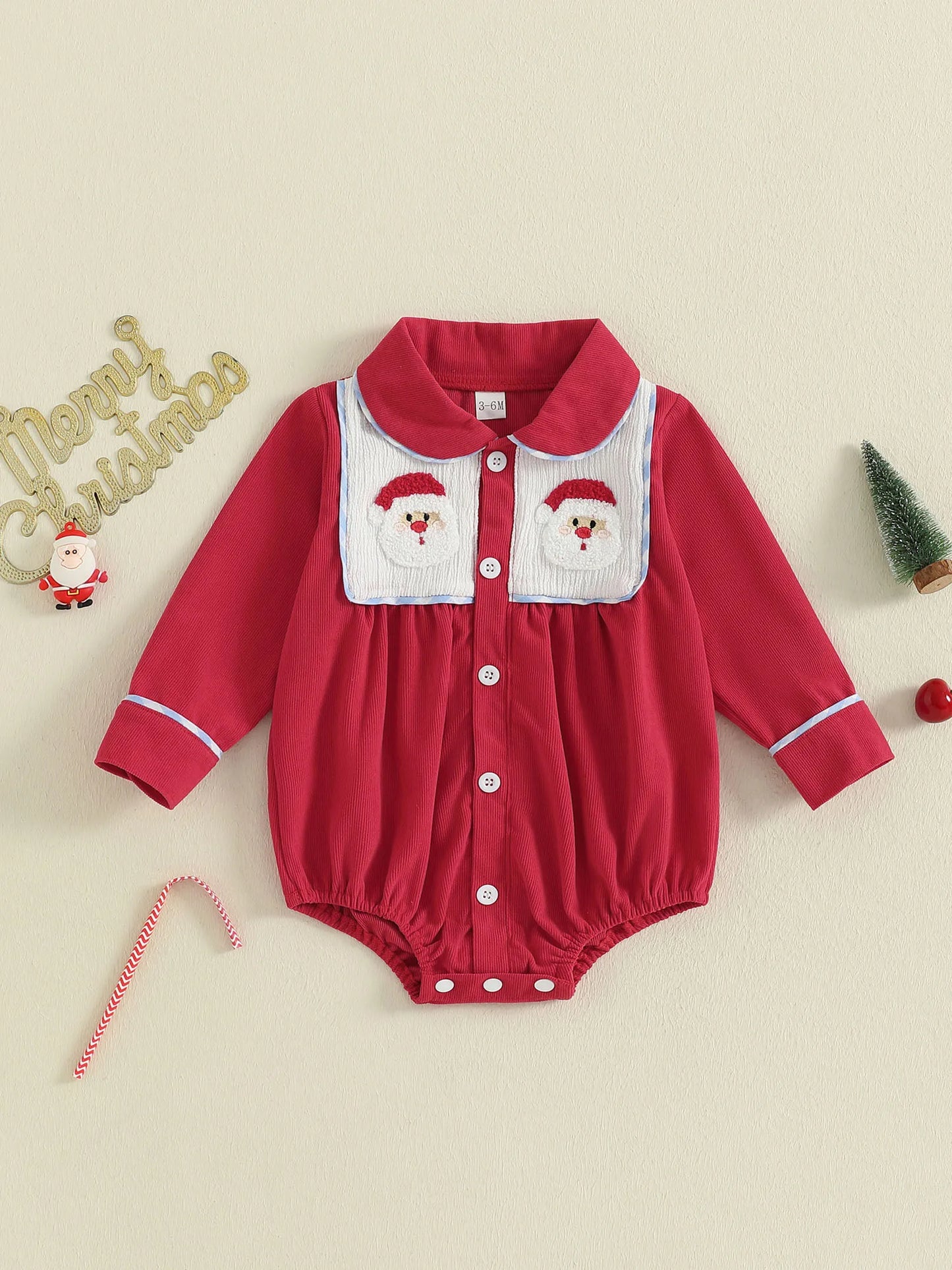 Christmas Baby Romper with Santa and Candy Cane Embroidery Long Sleeve Design Doll Collar and Button Down Closure for a