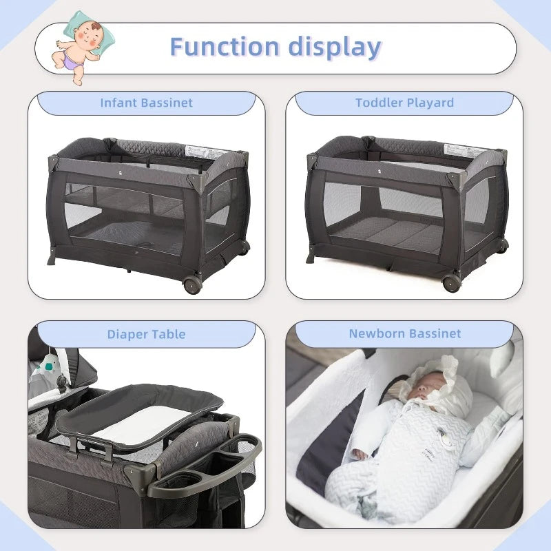 Deluxe Nursery Center Playard Foldable Bassinet Grey Mattress