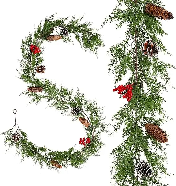 Christmas Garland With Red Berries Pine Cones Indoor Cedar