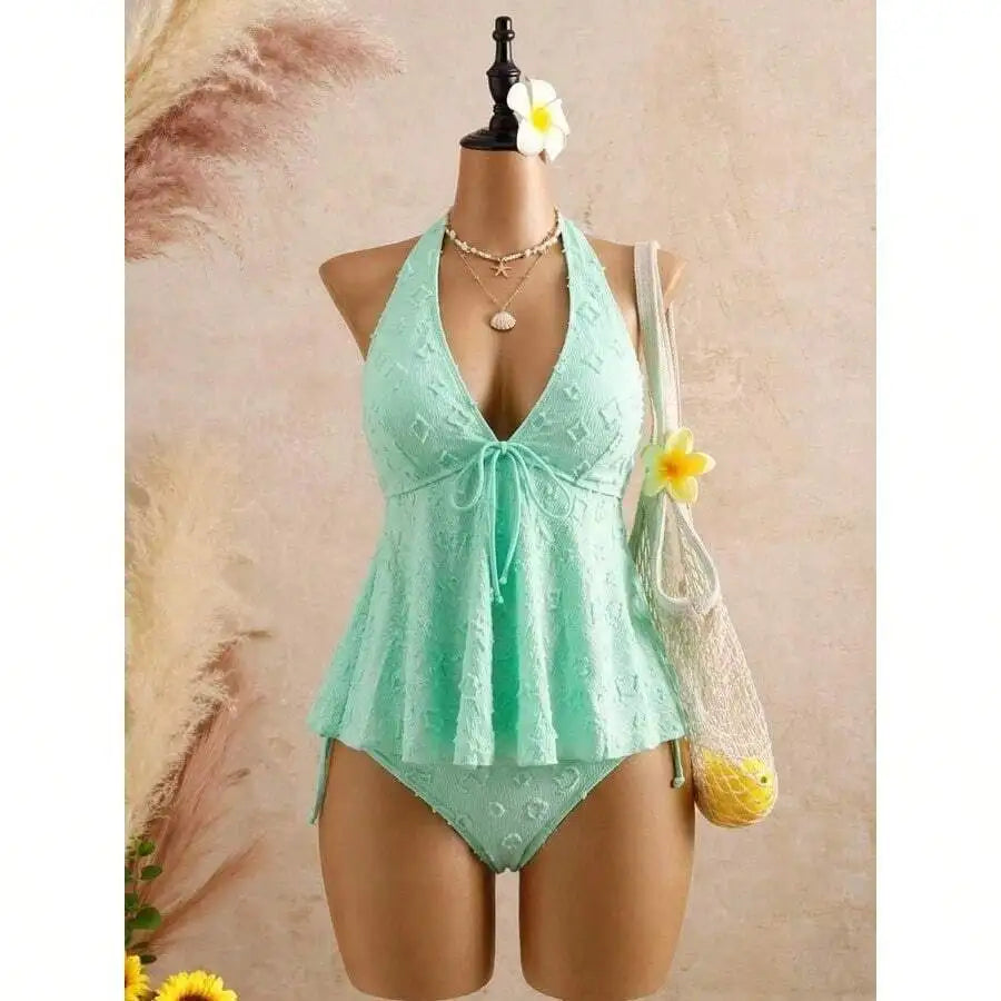 Women’s Halter Neck Swim Dress | Lace Texture One-Piece Swimsuit with Tummy Control