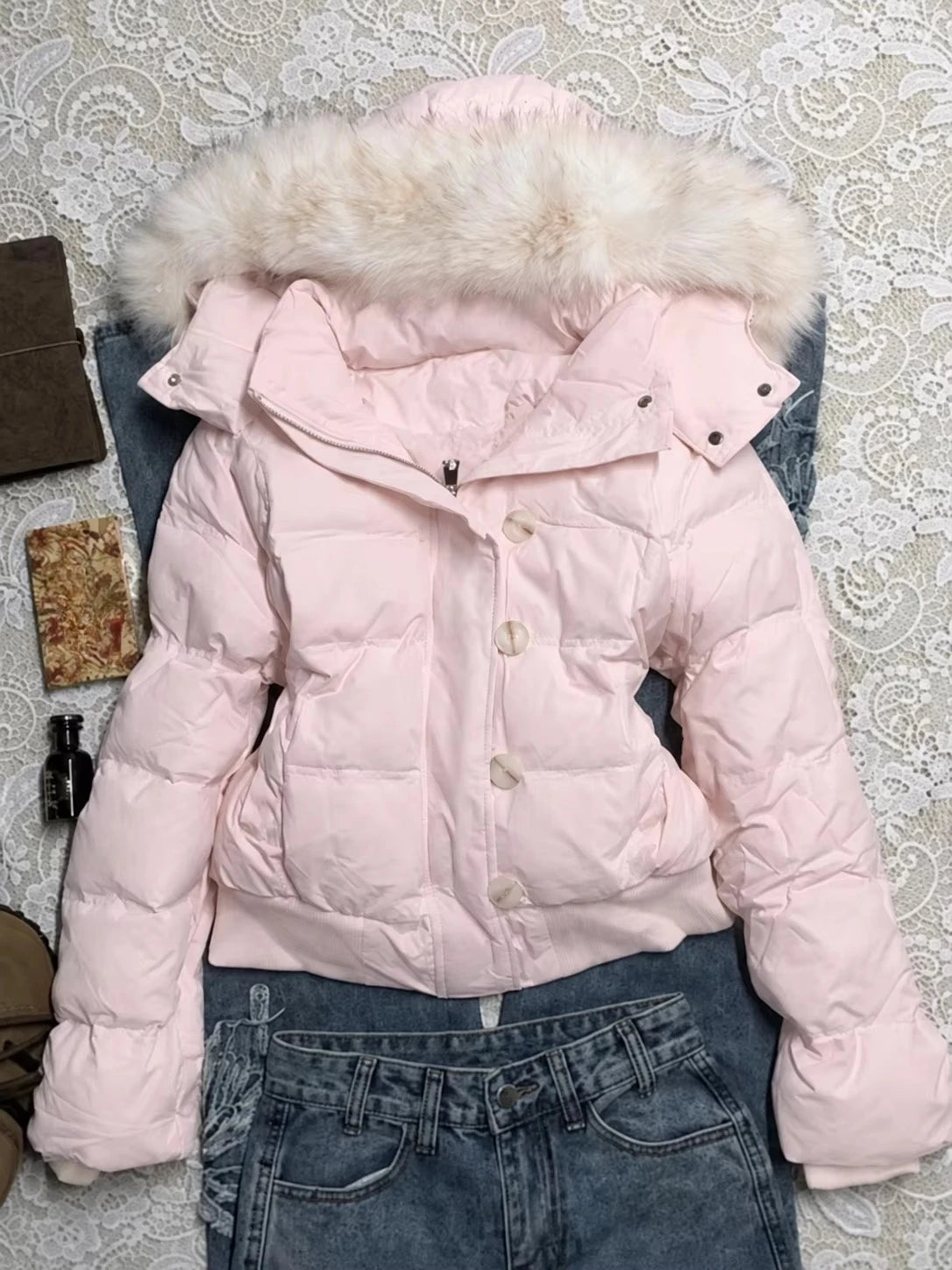 Women's Hooded Faux Fur Trim Winter Parka . Warm Padded Coat with Pockets