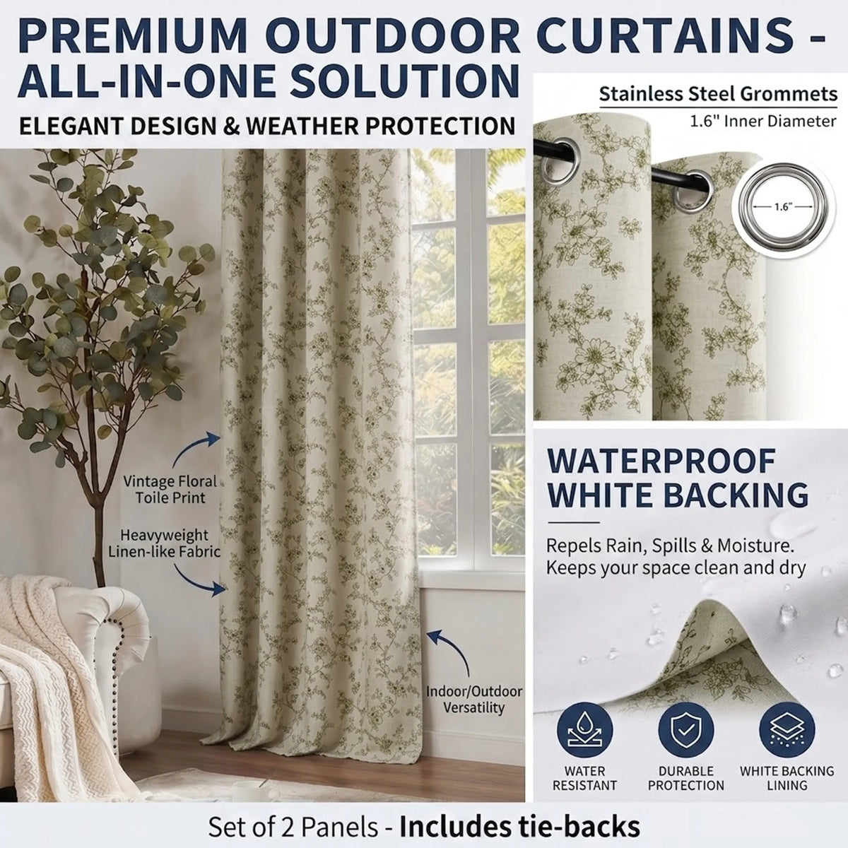2-Panel Floral Print Blackout Curtains | Grommet Top Window Panels