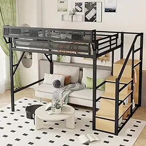 Full Size Loft Bed with Stairs, Heavy-Duty Metal Loft Beds, High Bed Frame with Storage Shelves, Junior loft Bed with Wardr