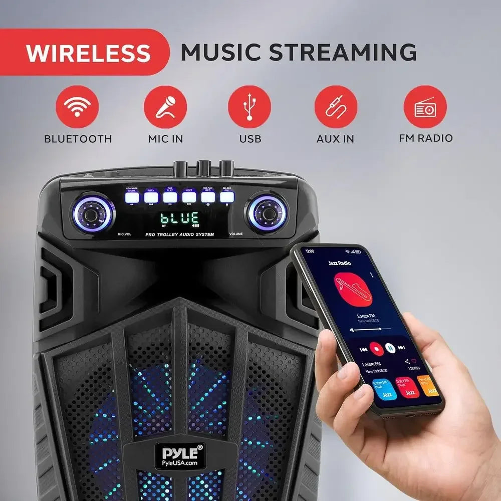 680W Portable Bluetooth PA Speaker with 10 Inch Woofer, Rechargeable Battery, Wireless Microphone & RGB Party Lights