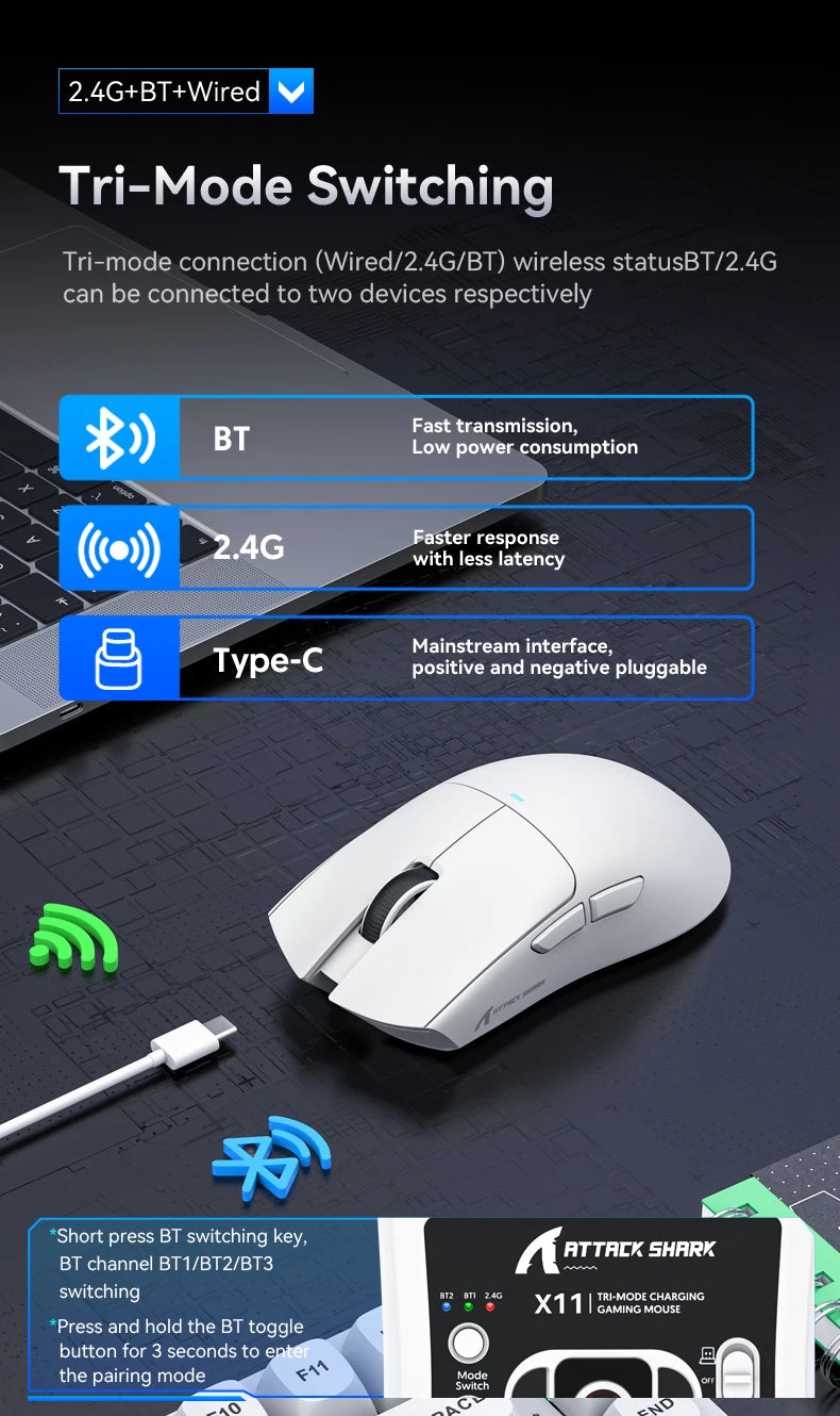 ATTACK SHARK X11 Lightweight Wireless Gaming Mouse with RGB Backlight, Rechargeable Bluetooth & 2.4GHz Mouse for PC, Mac & Laptop