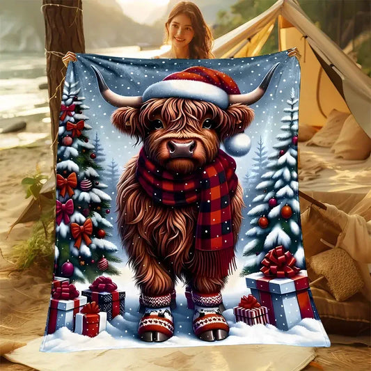 Cozy Highland Cow Christmas - Flannel Blanket - Warm and Soft for Bed, Office, Home, Sofa, Camping, Decoration