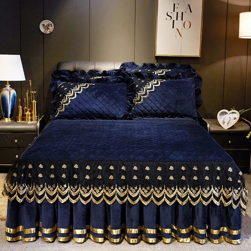 Luxury Dark Blue Quilted Lace Bedspread Set