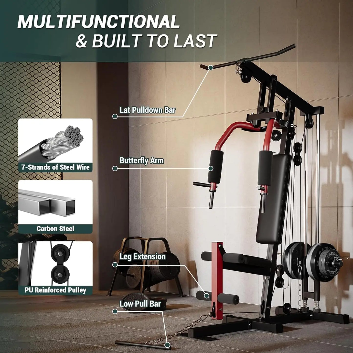 Home Gym Machine Full Body Workout Equipment with Pulley System,Leg Press Support for Strength Training, Workout Station