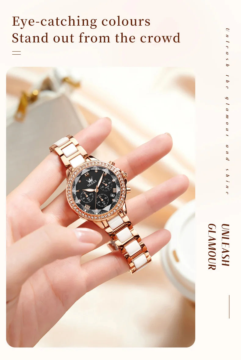OLEVS Luxury Women’s Waterproof Chronograph Watch. Rose Gold Crystal Fashion Timepiece