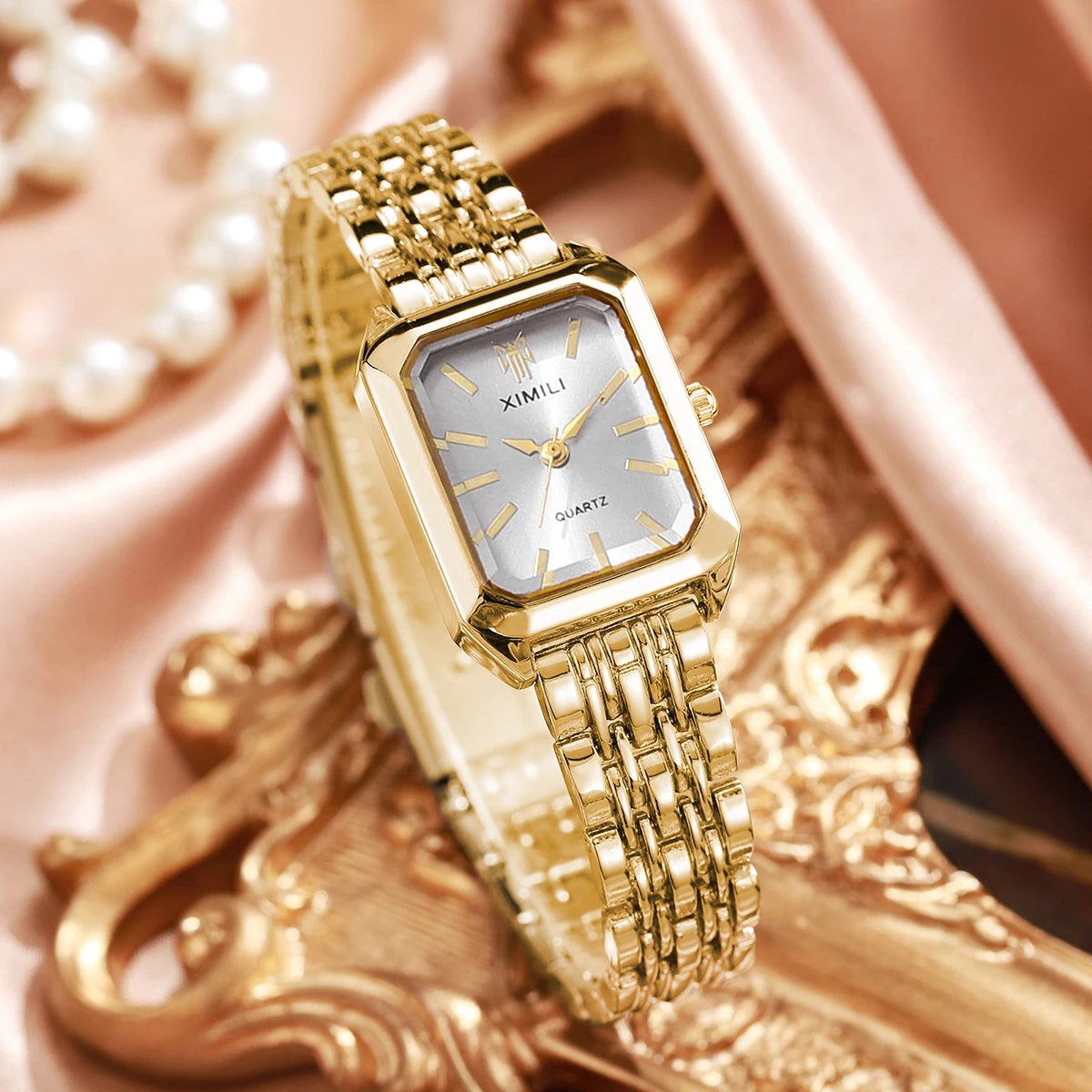 Elegant Women’s Rectangular Quartz Watch. Stainless Steel Bracelet Fashion Timepiece