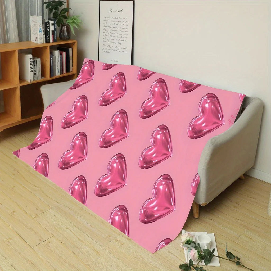 Heart Print Flannel Blanket - Digital Printed Soft Warm Suitable for Sofa Bed Travel Camping Office Beautiful Gift