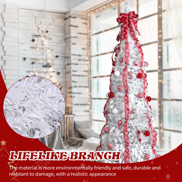 7 FT Fully Decorated Pre-lit Christmas Tree, Pop Up Artificial Xmas Tree with 170 Warm Lights and Red Ornaments for Home Office Store Holiday Deco, White
