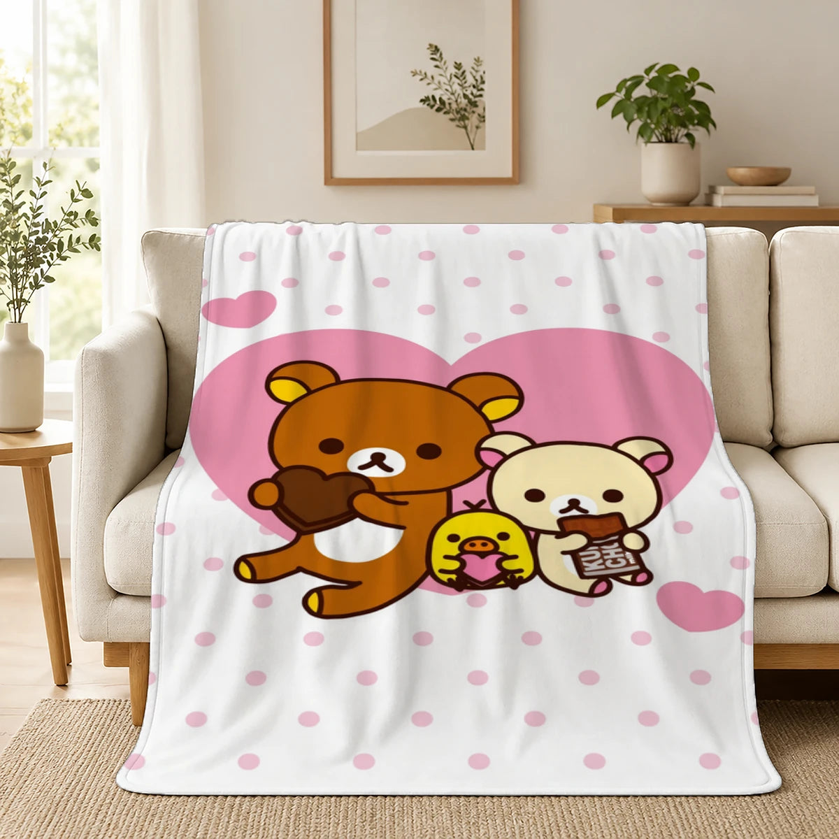 Rilakkuma Throw Blanket 1PC Cute Pink Heart Polka Dot Print Kawaii Cartoon Soft Flannel for Valentine's Day Home Decor