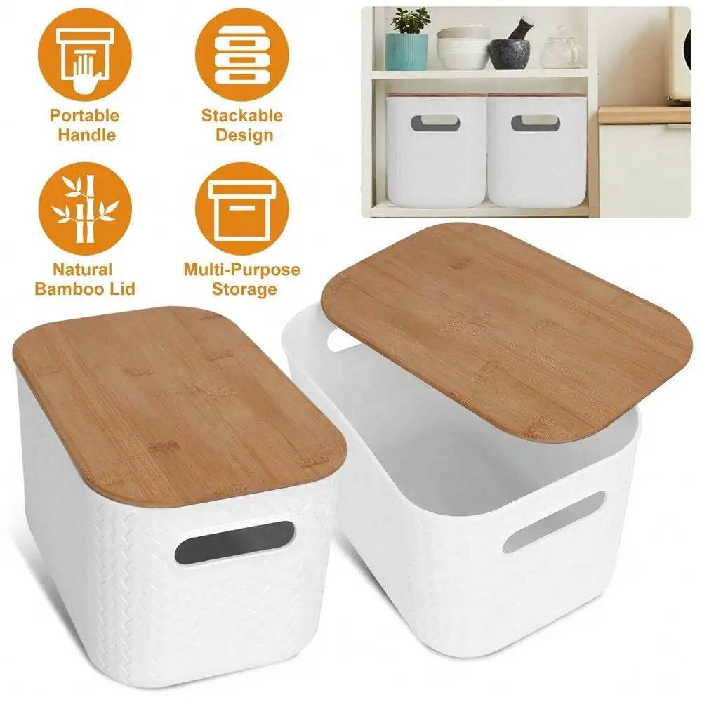 2PACK Stackable Storage Bin Bamboo Lids Kids Toys Organizer Closet Container