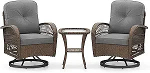 3 Pieces Wicker 360° Swivel Rocker Set Patio Furniture, Rocking Chairs with Cushions, Tempered Glass Coffee Table, Outdoor Ratt