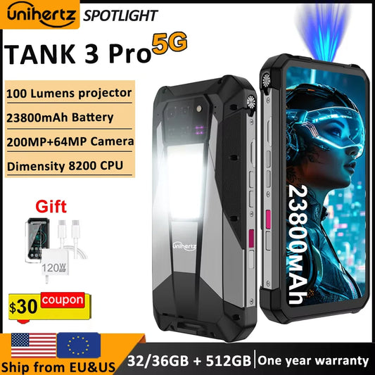 Unihertz Tank 3 Pro 8849 Rugged 5G Smartphone Android with 100 Lumens Projector 32GB 512GB 23800mAh 6.79" FHD Waterproof Phone