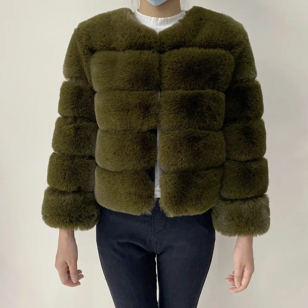 Women's Faux Fur Jacket . Plush Cropped Winter Coat with High Collar