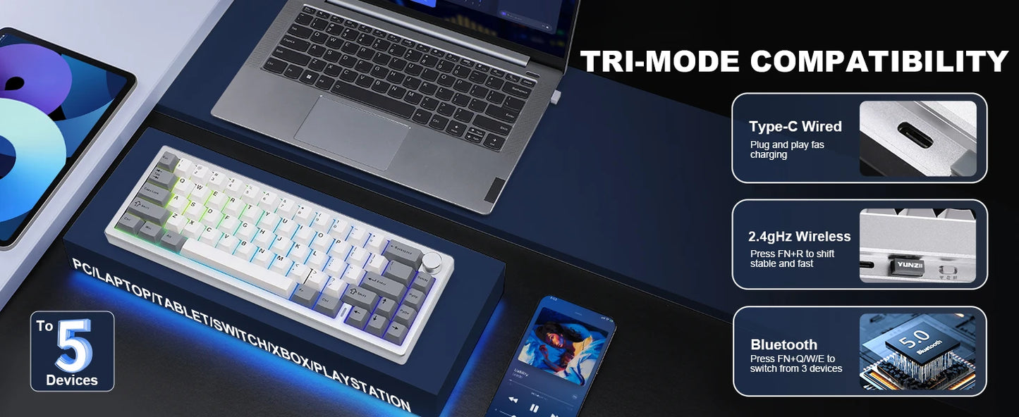 YUNZII AL68 Silver Wireless Custom Mechanical Keyboard, QMK/VIA Aluminum Keyboard, Hot Swap Gasket Gaming Keyboard with Knob