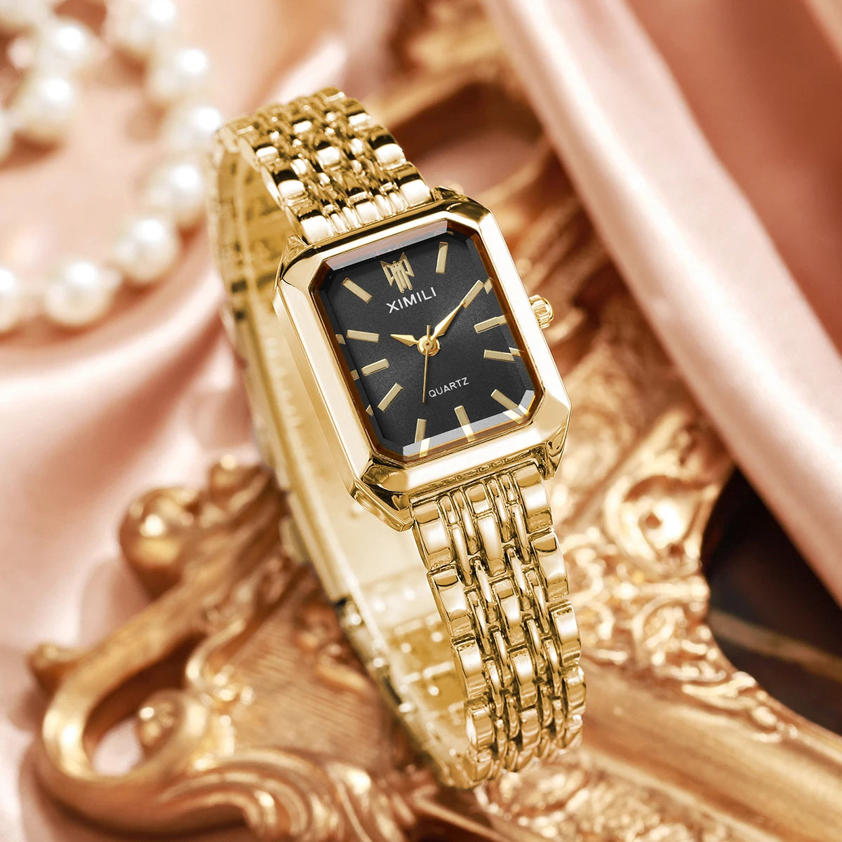 Elegant Women’s Rectangular Quartz Watch. Stainless Steel Bracelet Fashion Timepiece