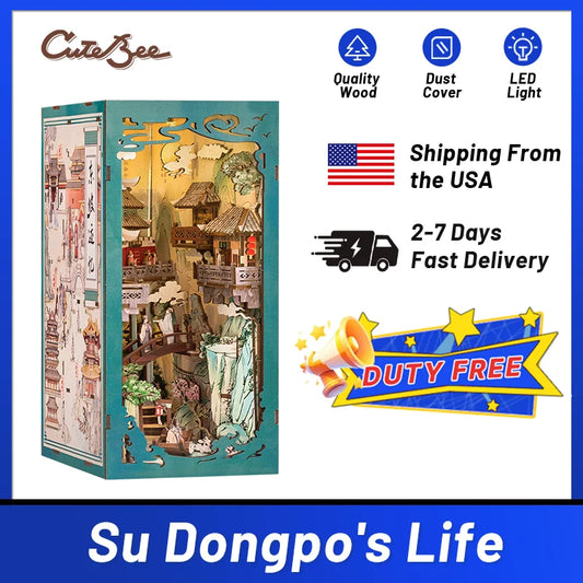 CUTEBEE Antiquity Book Nook Chinese Style Doll House Kit with Touch Light Dust Cover Bookshelf Insert Toy Su Dongpo's Life
