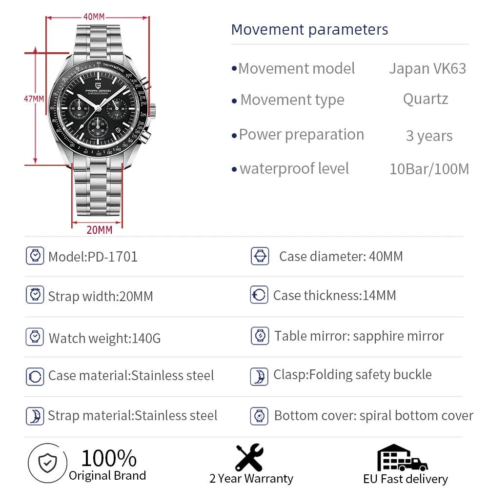 Men’s PAGANI DESIGN Watch – Stainless Steel Bracelet & Classic Round Dial