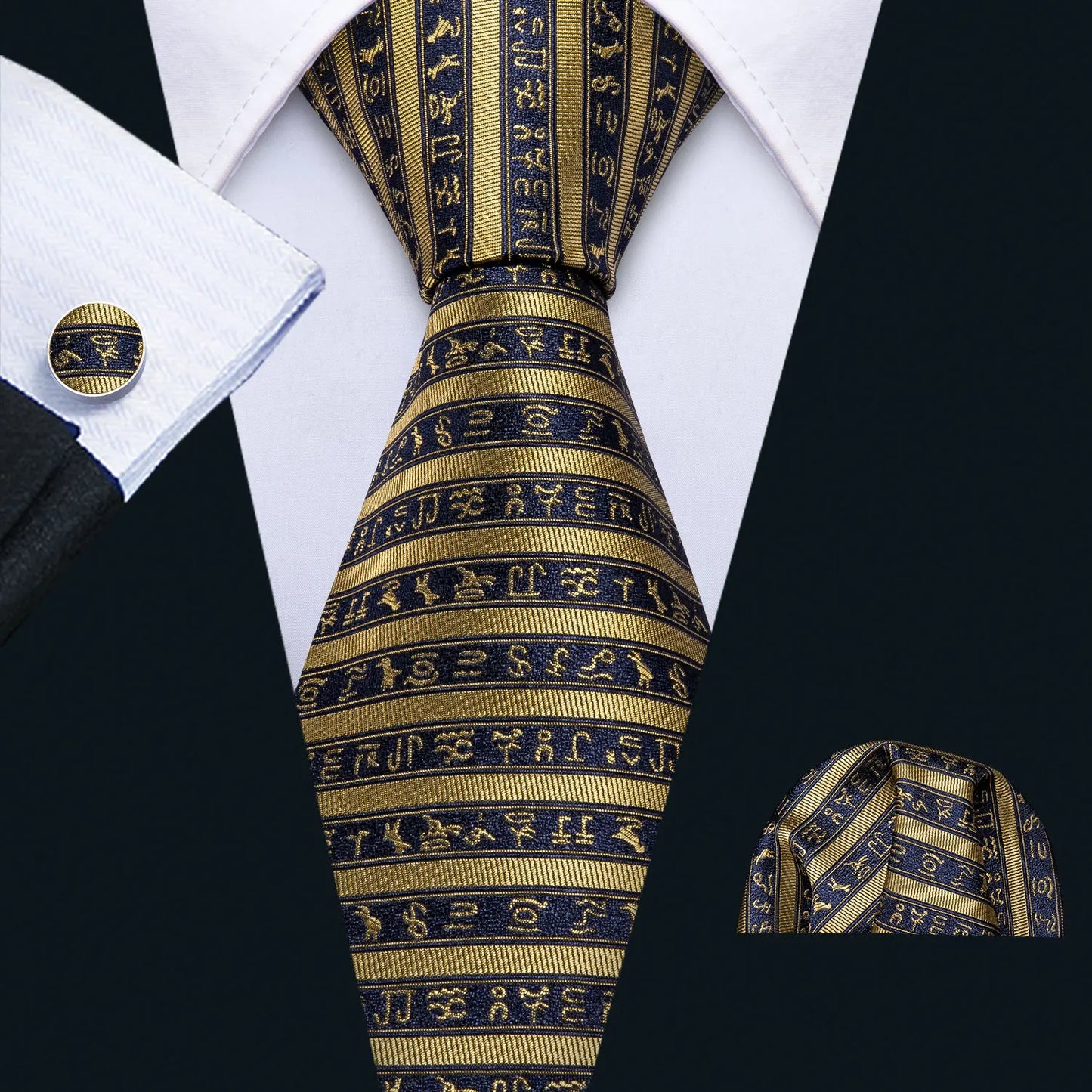 Men’s Luxury Dinosaur Necktie Set . Navy Blue Silk Tie, Pocket Square & Cufflinks for Business, Weddings & Special Events