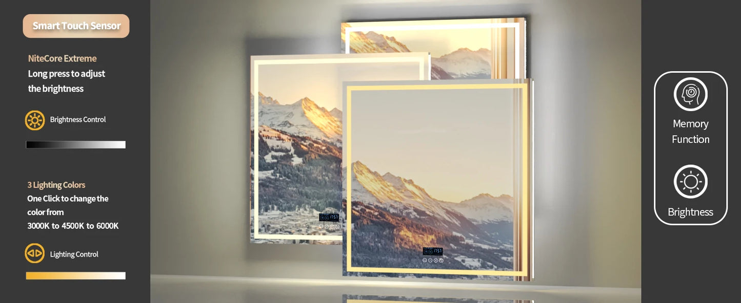 LED Bathroom Mirror 800mm Square Wall Mirror with Bluetooth Time Temperature Display 3 Colours Front+Backlit Anti-fog Memory