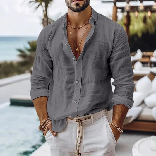 Men’s Cotton Linen Beach Shirt .Casual Summer Long Sleeve Button Down