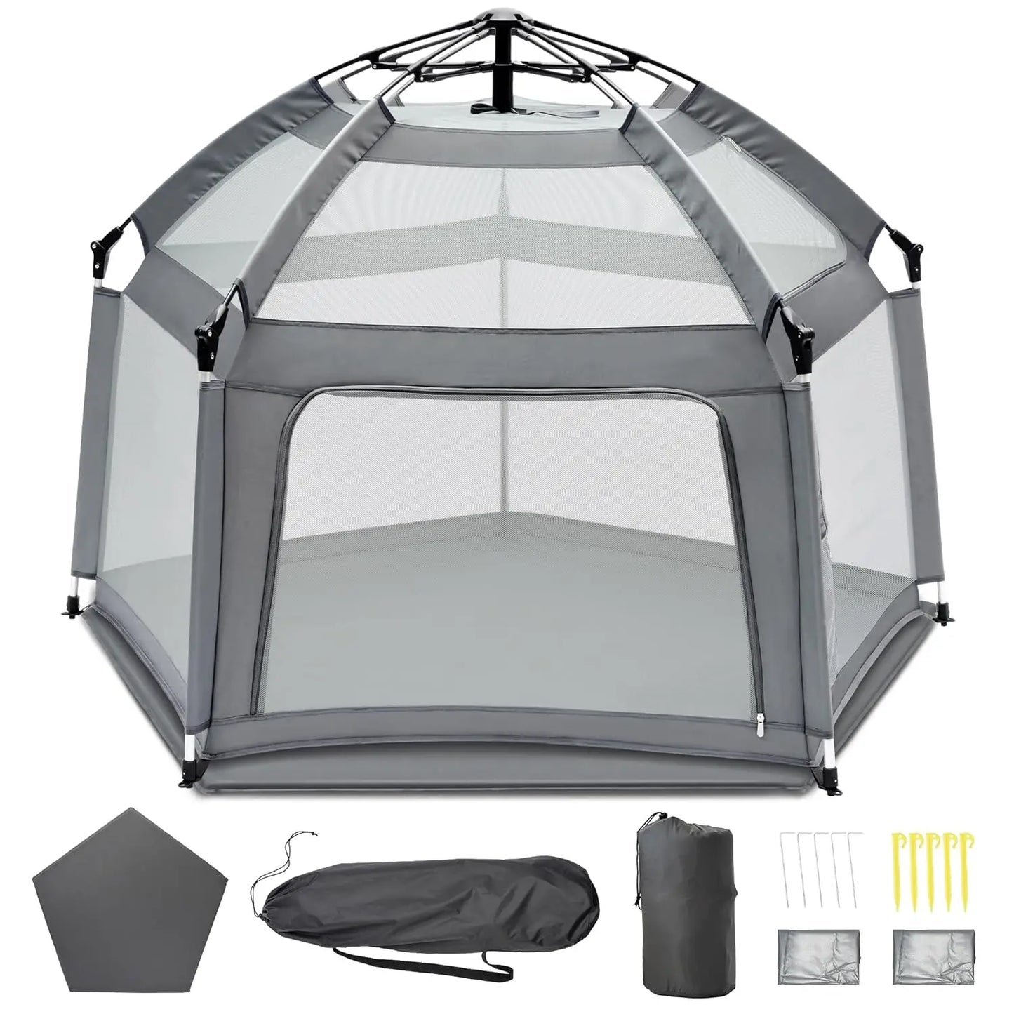 Baby Playpen with Self-Inflating Play Mat & Travel Bag, Portable Outdoor Playpen for Babies and Toddlers,Pop Up Play Tent (Grey)