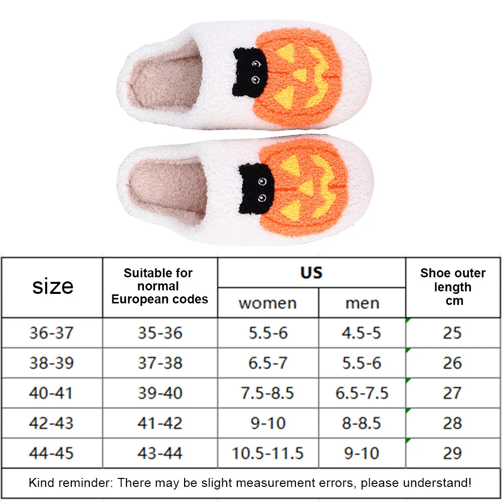Halloween Plush Slippers Anti Slip Comfortable Furry Slippers Pumpkin Cat Pattern Warm Slip-On House Shoes for Winter Autumn