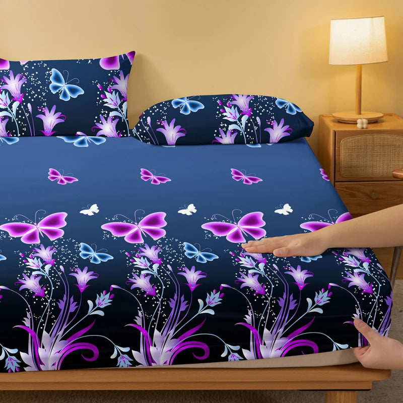 Butterfly Floral Fitted Sheet .Soft Stretch Mattress Cover