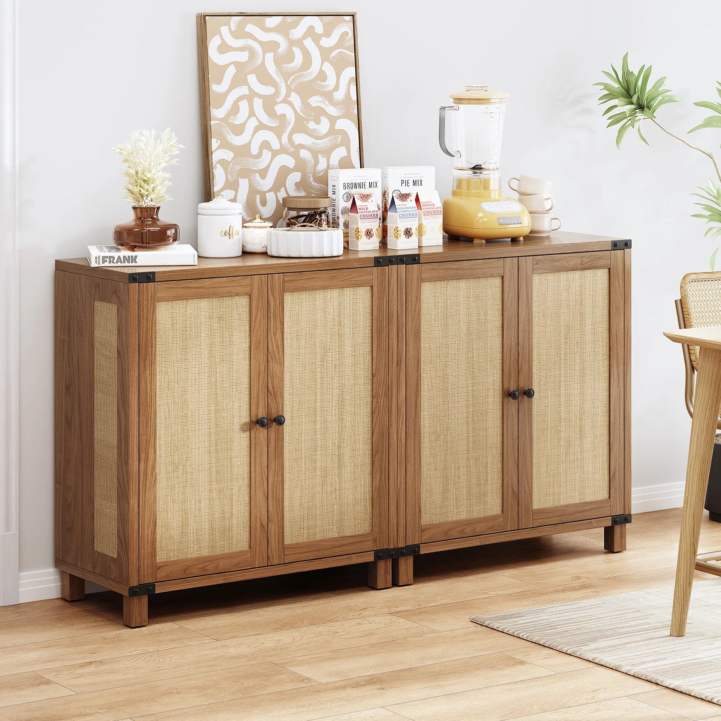 31.5" Rattan Style Credenza Sideboard Buffet Cabinet with 2 Soft-Close Doors & Adjustable Shelves for Living Room, Hallway