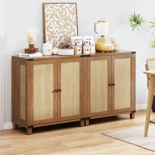 31.5" Rattan Style Credenza Sideboard Buffet Cabinet with 2 Soft-Close Doors & Adjustable Shelves for Living Room, Hallway
