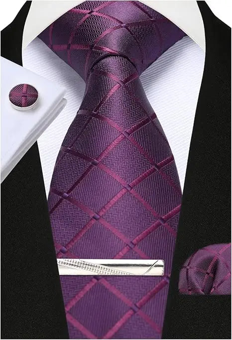100% Silk Plaid & Checkered Men’s Tie Set with Pocket Square, Tie Clip & Cufflinks. Business & Wedding Necktie Gift Set  Optimized Description