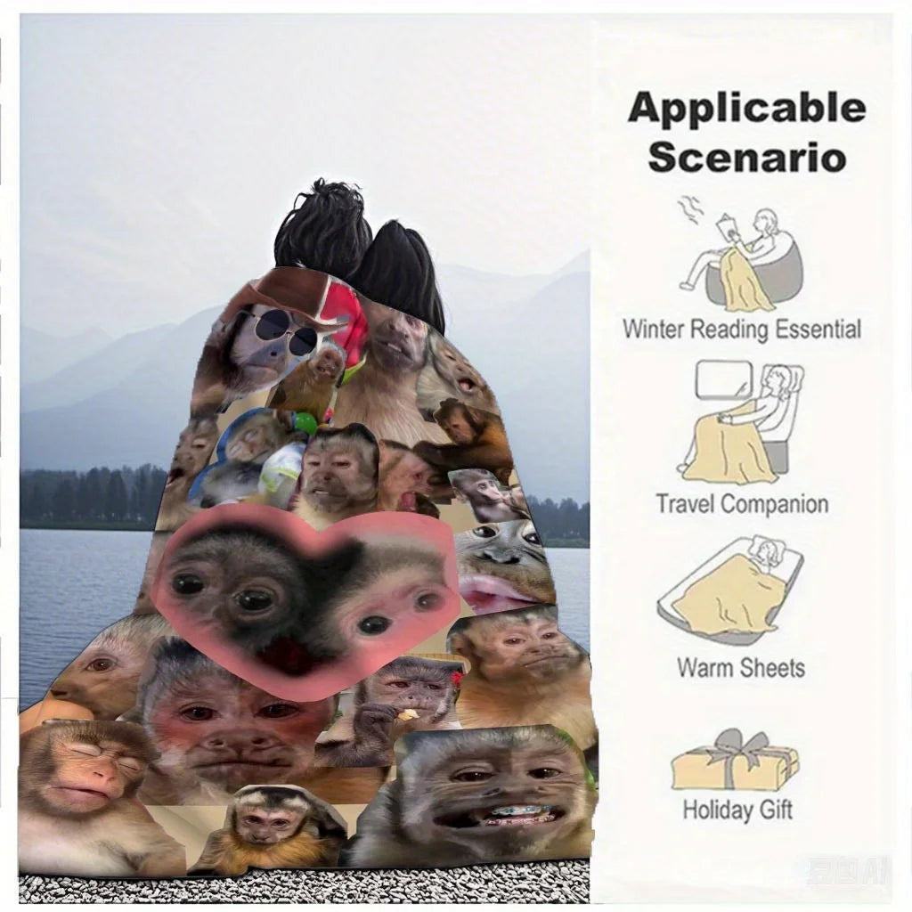 Soft Flannel Blanket - Monkey Face Collage Throw with Expressions, All-Season Cozy Warmth for Couch, Bed, Office