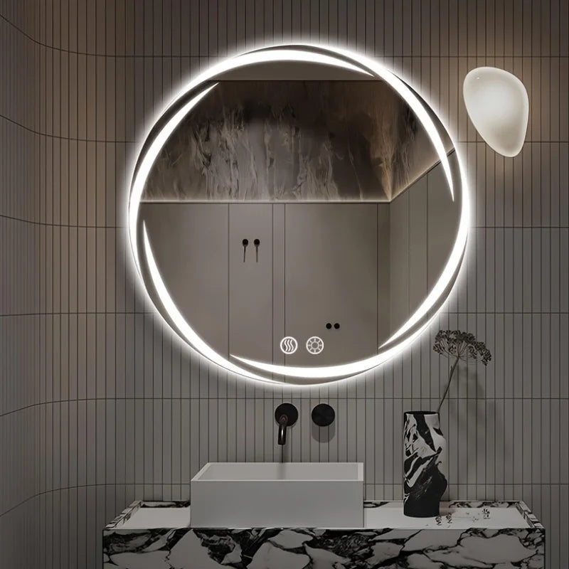 Circular LED Bathroom Mirror with Integrated Lighting | Anti-Fog Technology | Touch-Sensitive Dimmable | HD Makeup And Shaving Mirror | Wall-Mounted Vanity with Memory Function | US Standard Plug/Switch | 20" Diameter | Moder