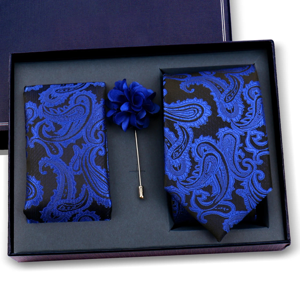 Luxury Men’s Paisley Necktie Gift Set. Silk Tie, Pocket Square, Cufflinks & Gift Box for Weddings & Business