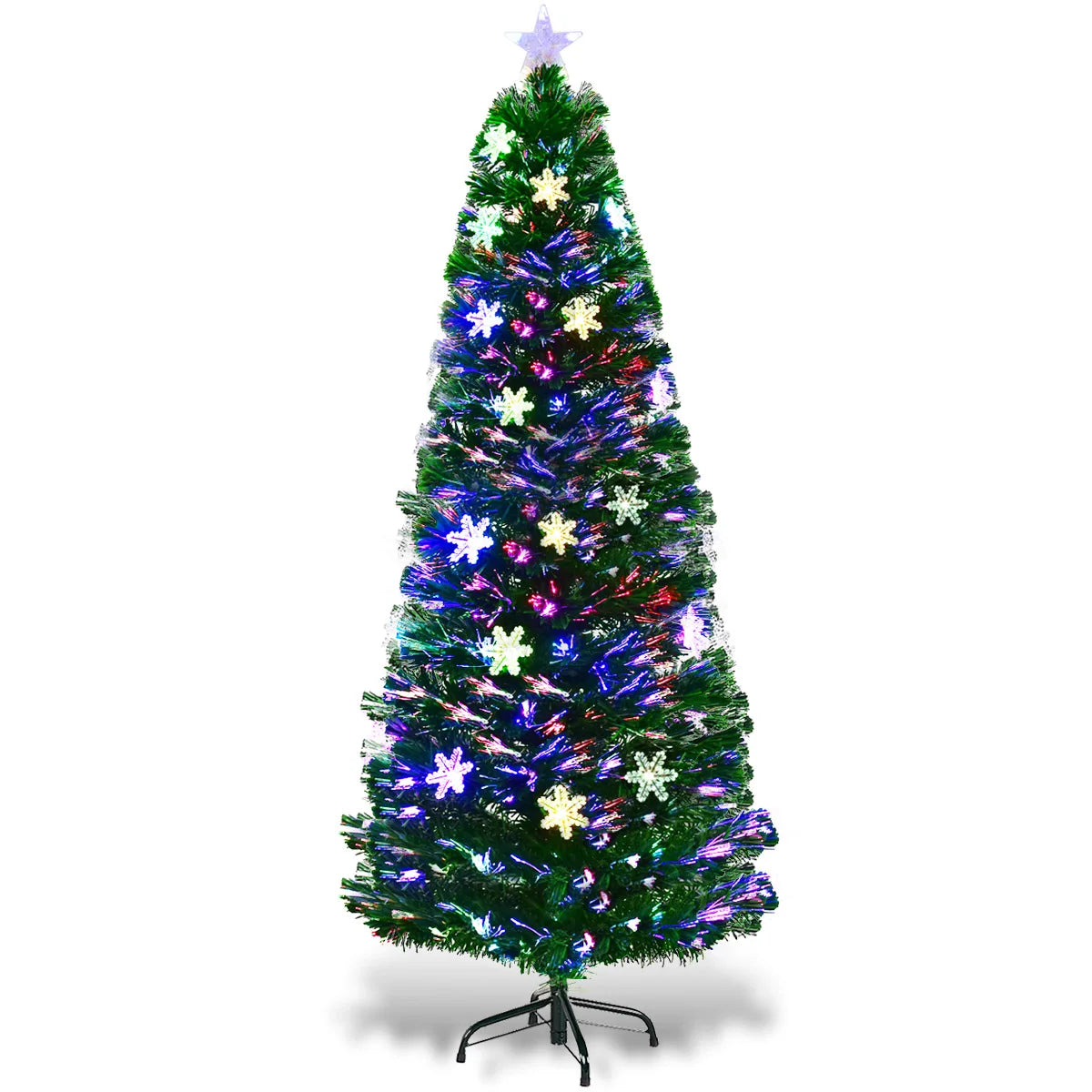 6FT Pre-Lit Fiber Optic Artificial Christmas Tree w/Multicolor Lights Snowflakes